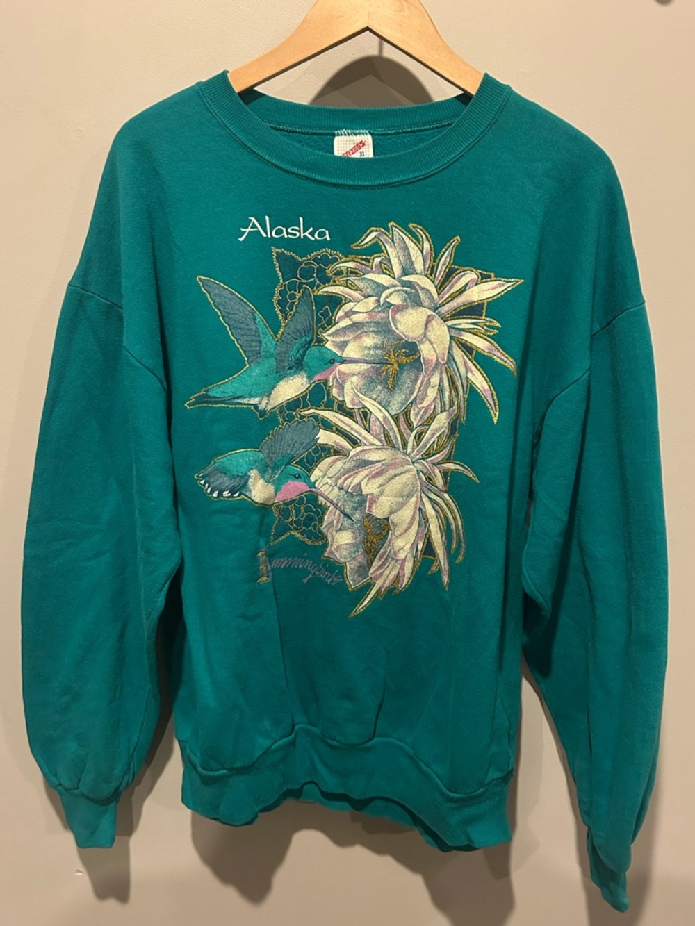 Vintage Alaska Jerzees Teal Crewneck Sweatshirt with Floral Hummingbird Graphic